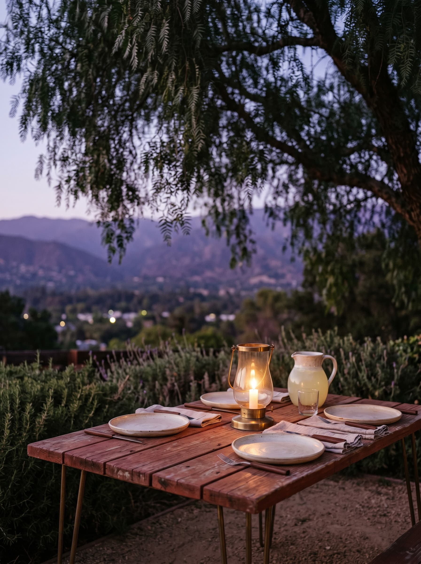 Arbolada Cottage — garden terrace at evening