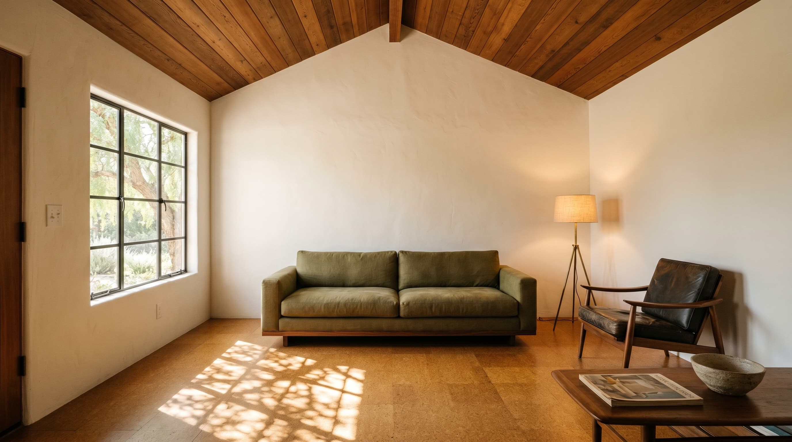 Arbolada Cottage — living room, north elevation, morning
