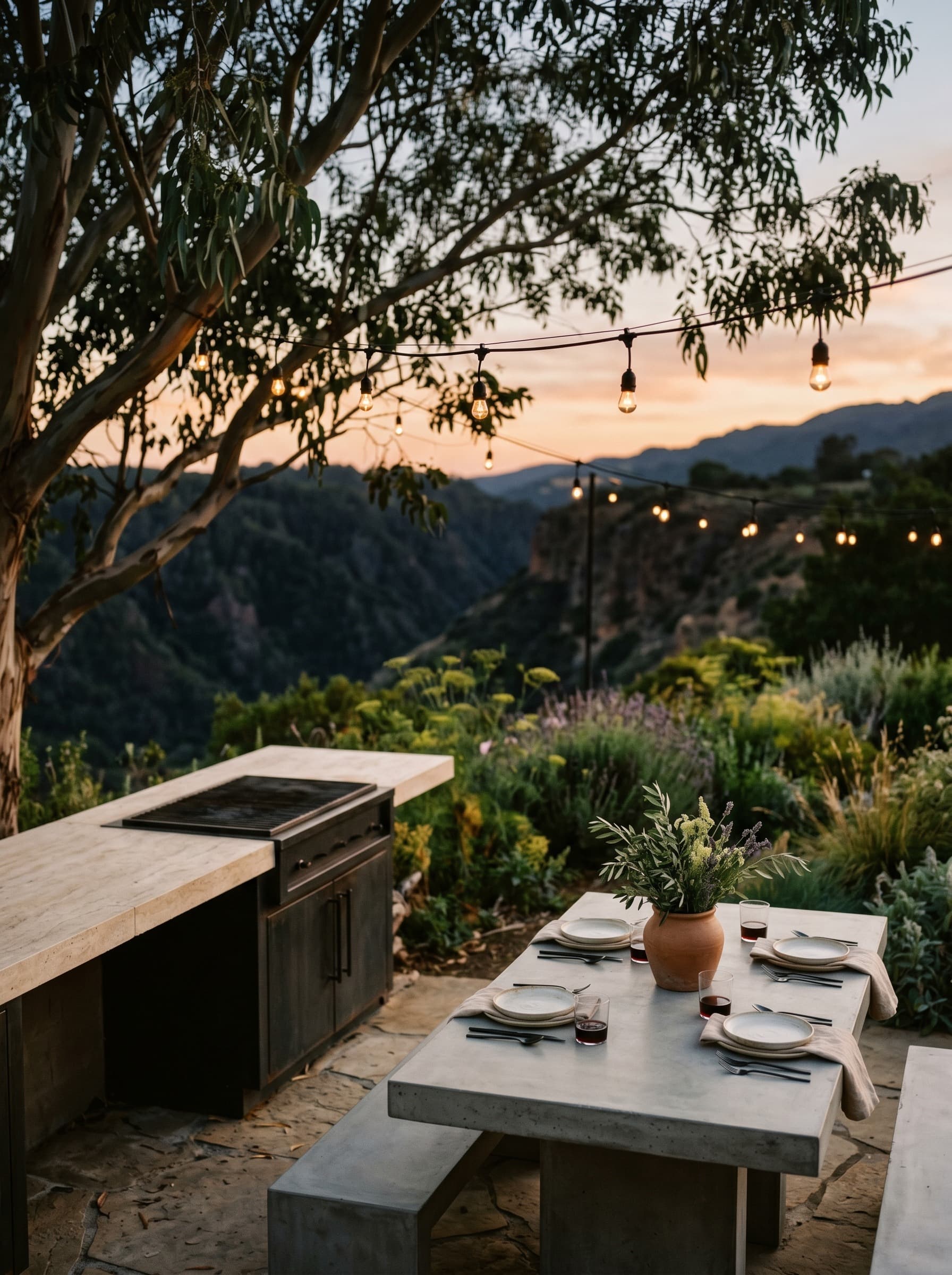 Hot Springs House — garden terrace at evening