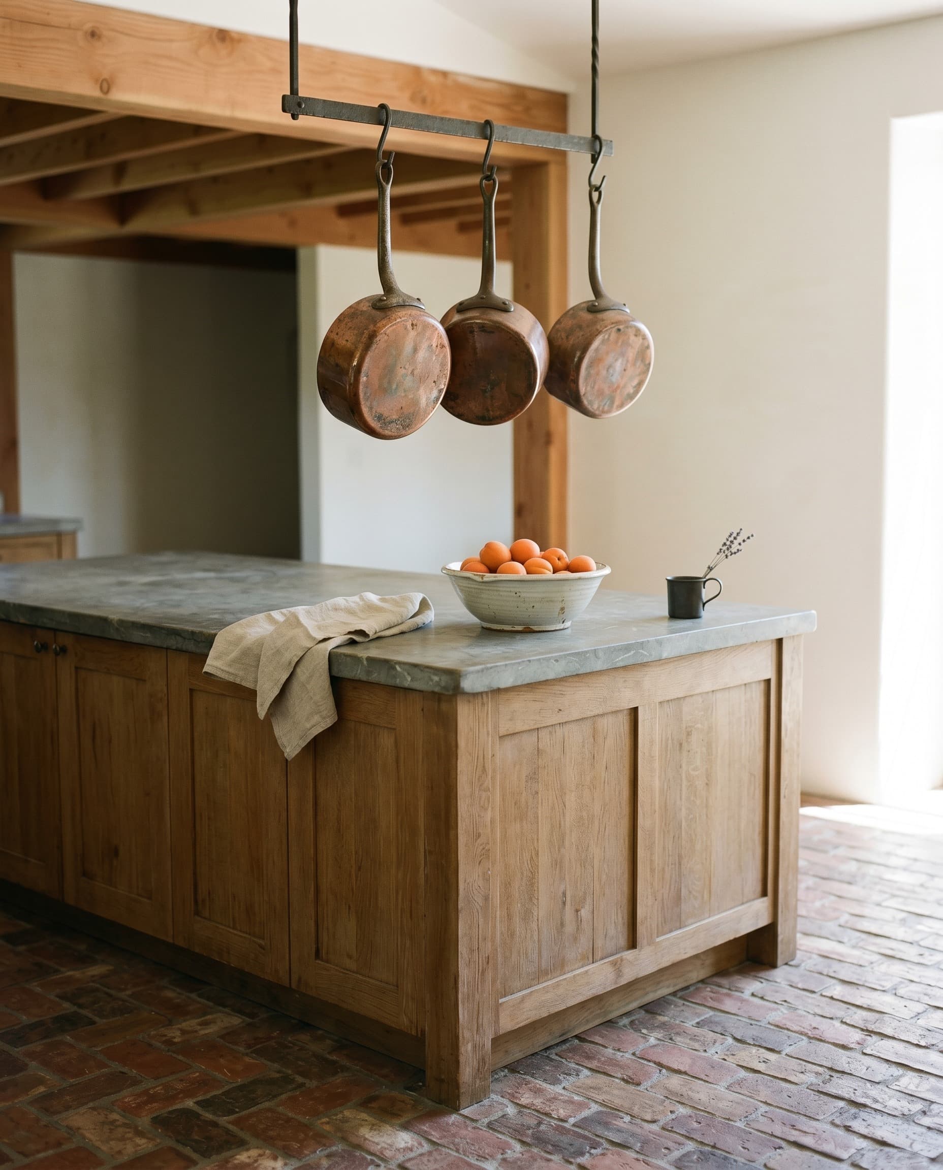 Los Olivos Farmstead — kitchen detail, travertine and oak