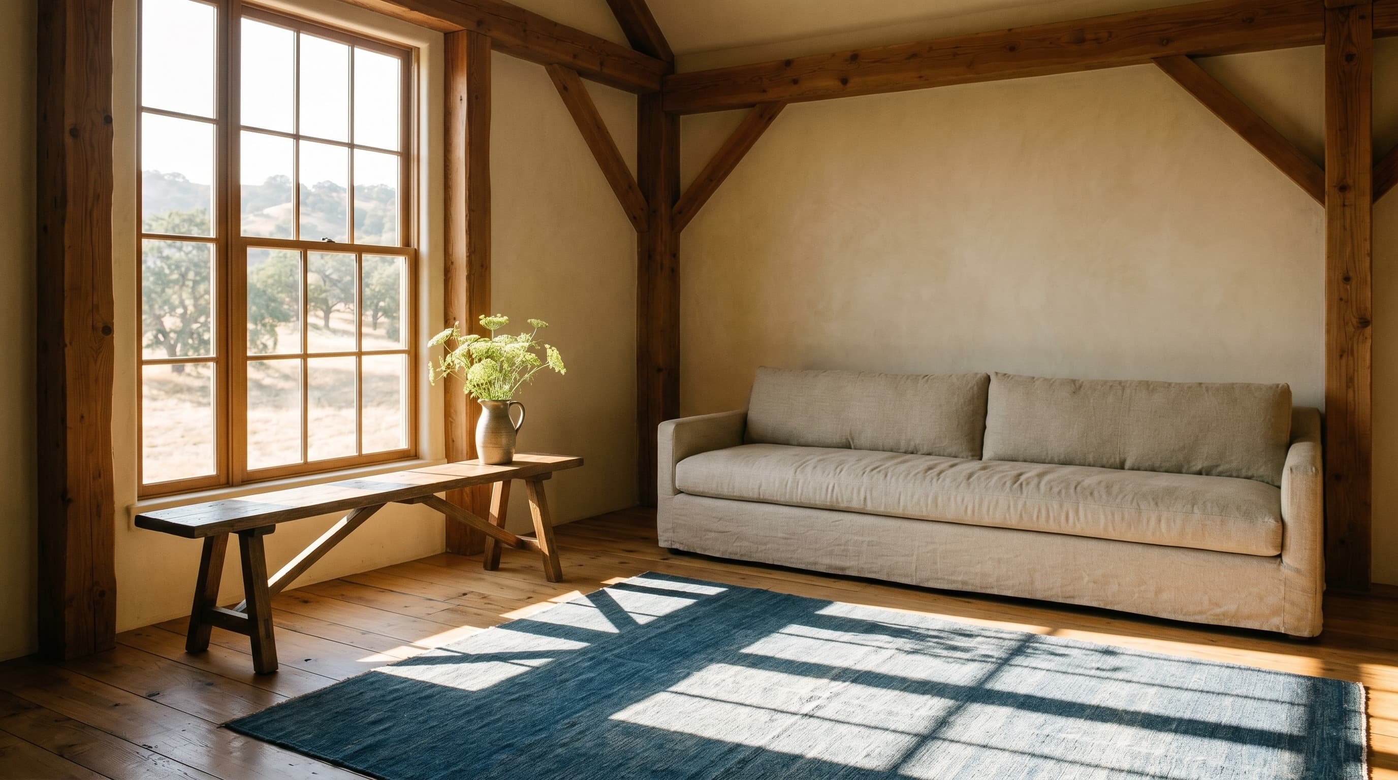 Los Olivos Farmstead — living room, north elevation, morning