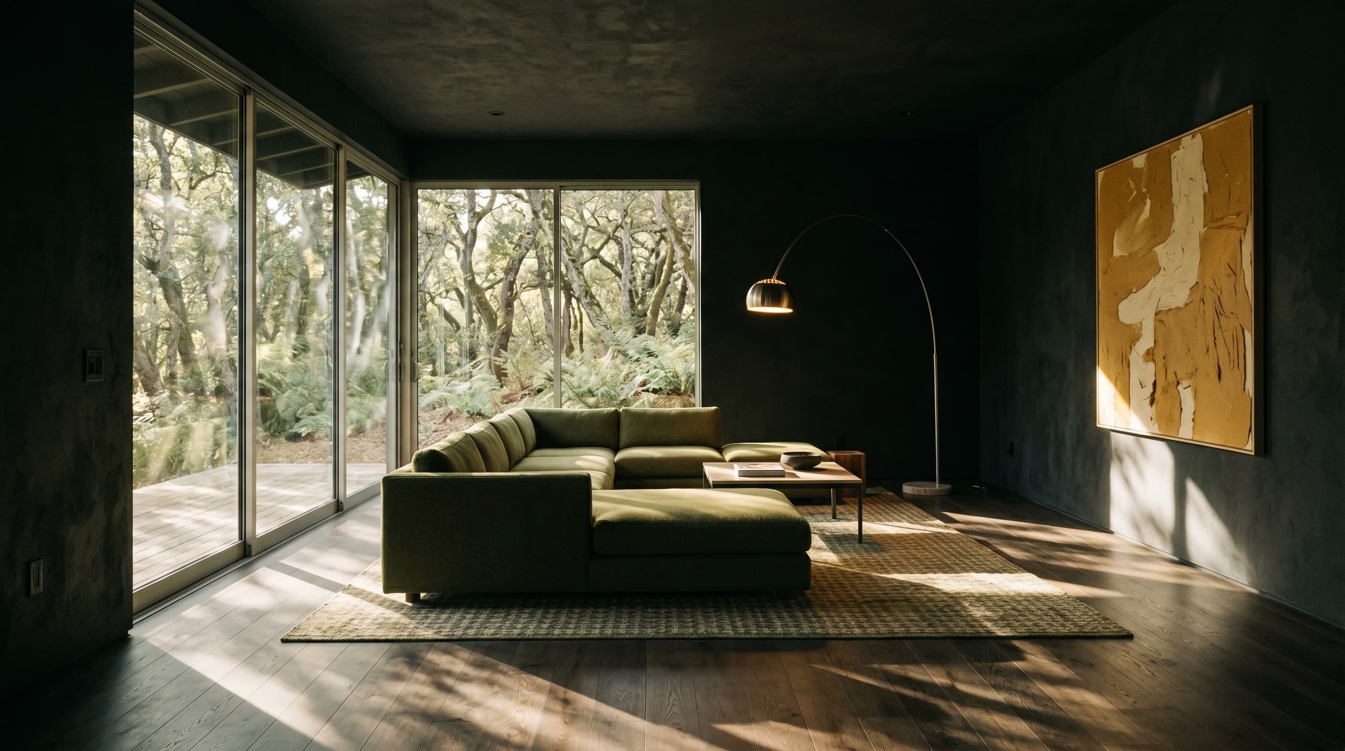 Mission Canyon Refuge — living room, north elevation, morning