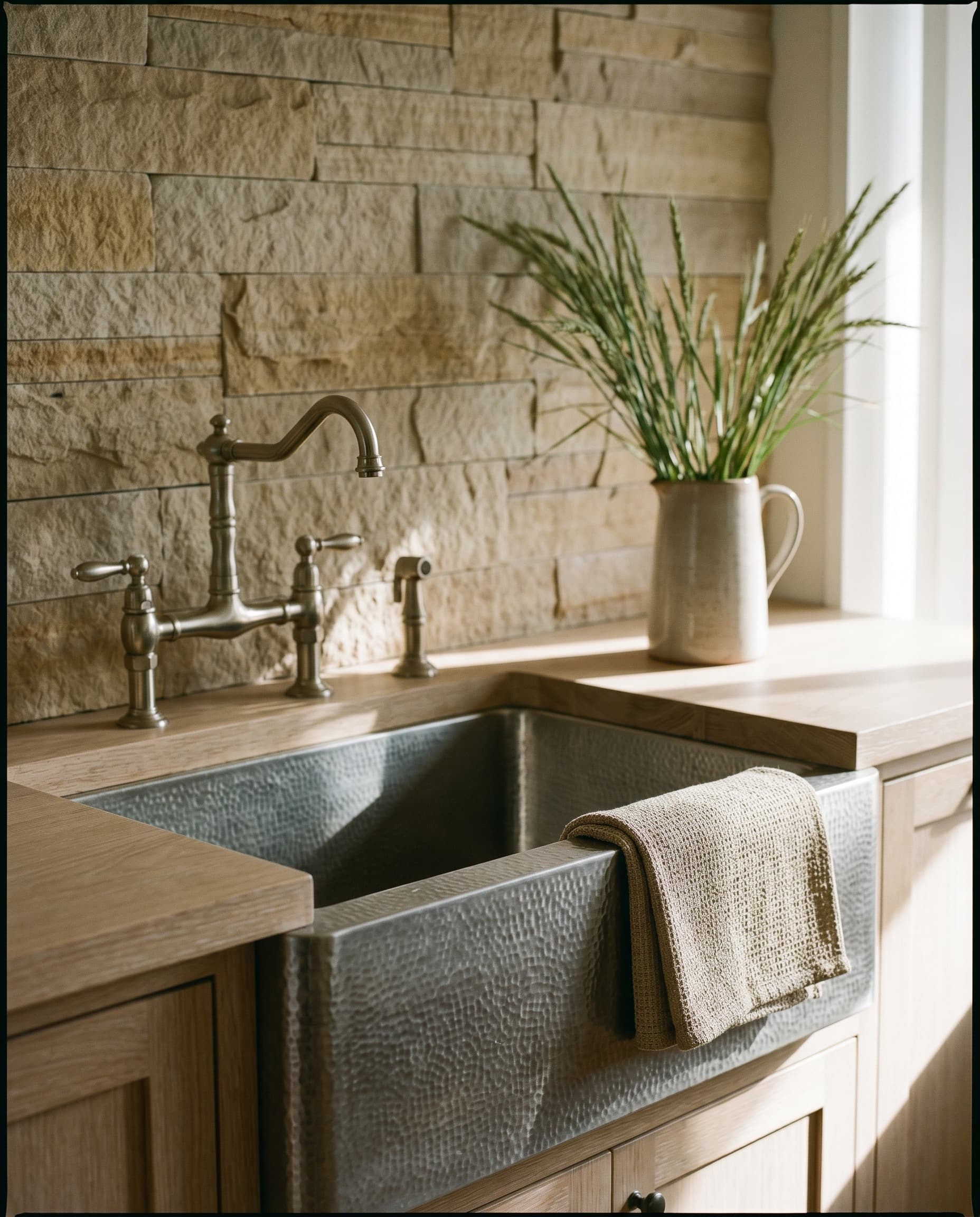 The Padaro Cottage — kitchen detail, travertine and oak