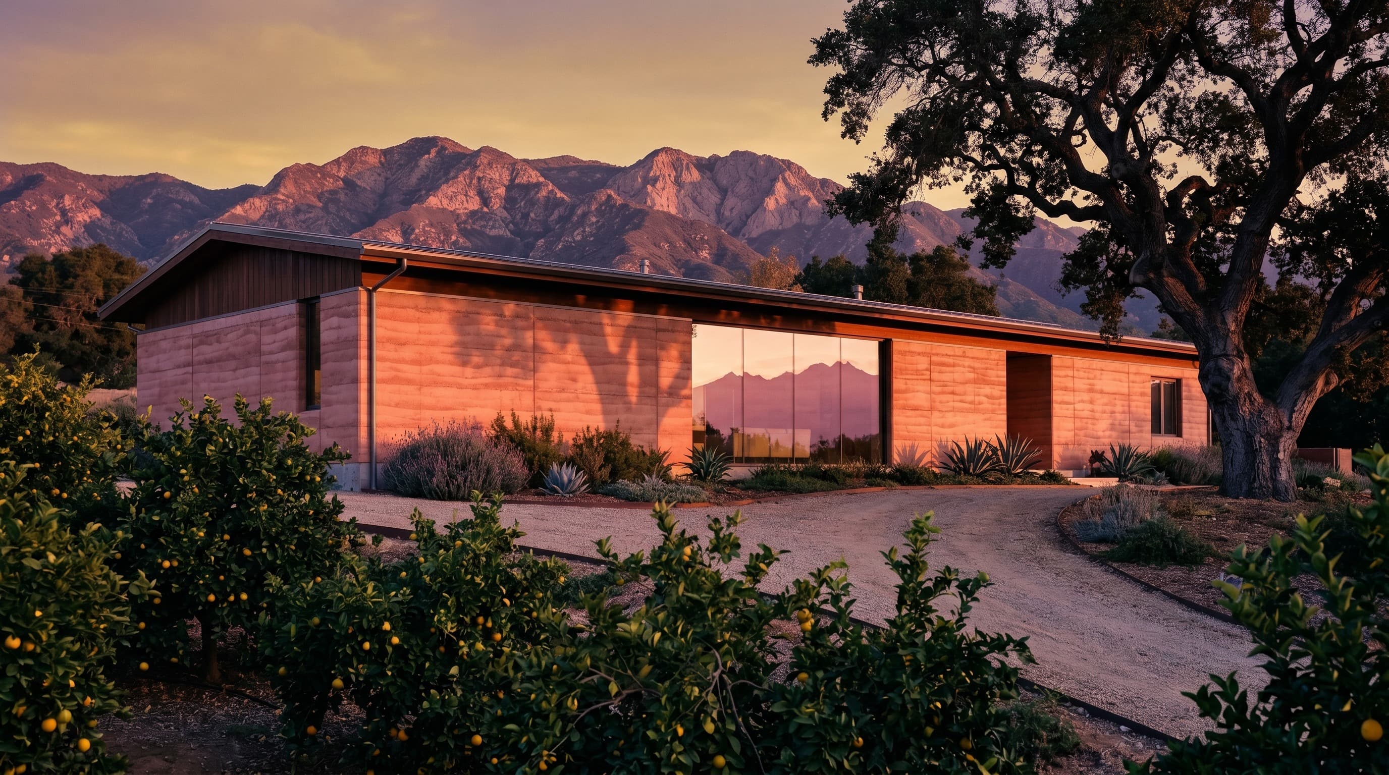 Pink Moment Residence, Ojai East End, CA — exterior approach