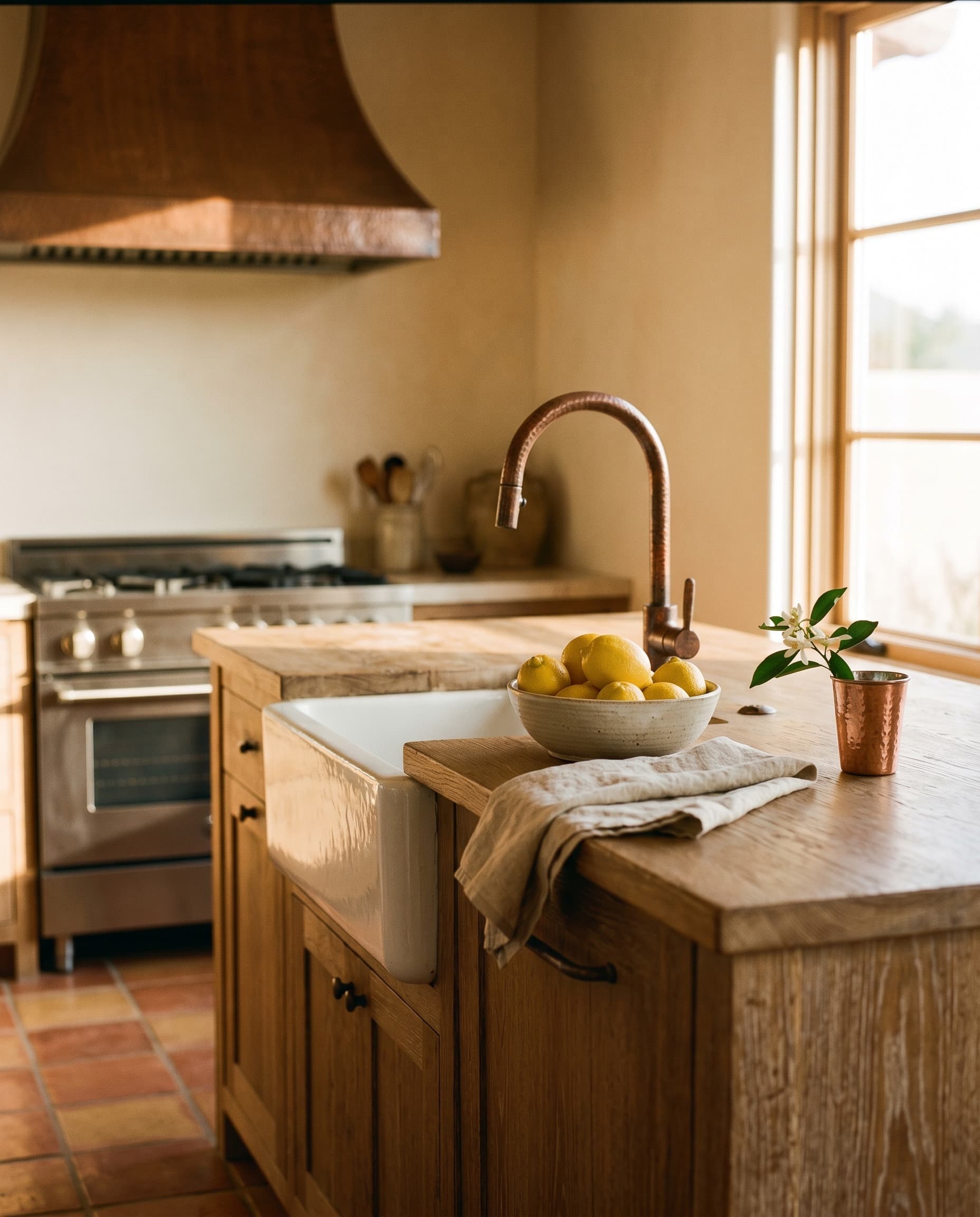 Pink Moment Residence — kitchen detail, travertine and oak
