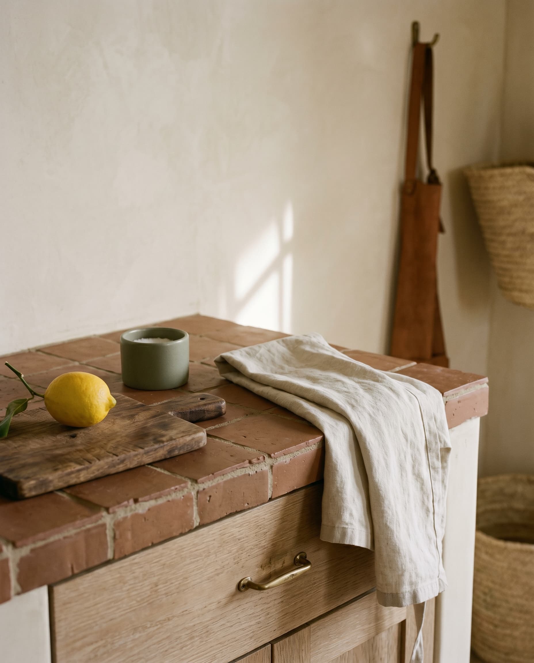 Sea Meadow — kitchen detail, travertine and oak