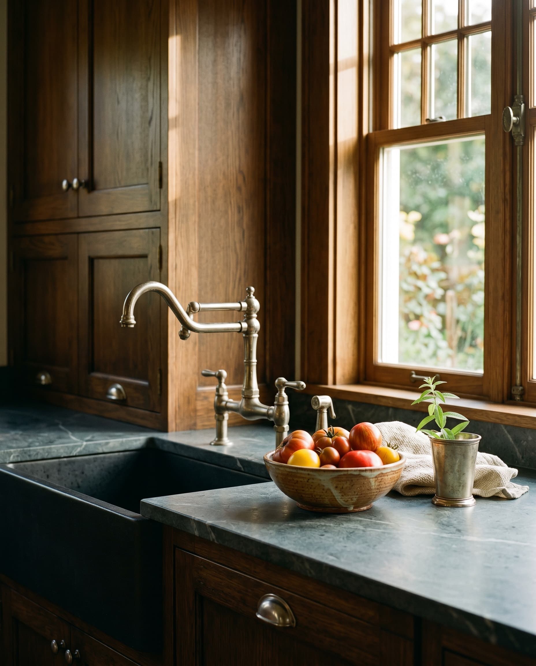 Summerland Antique House — kitchen detail, travertine and oak